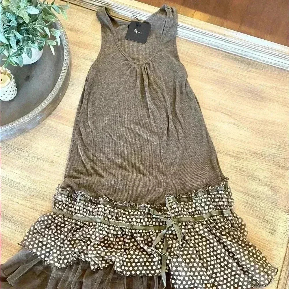 RYU tunic/dress- brown with white polka dot detail-NWT- size M